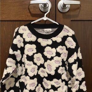 Floral Patterned Black and Cream Sweater